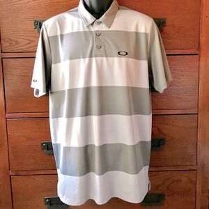 Men’s Oakley Grey & White Striped Lightweight Performance Fabric Polo Shirt, M